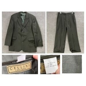Cellini Linea Uomo 42R Men 2pc Suit 33x29 Brown Houndstooth Career‎
